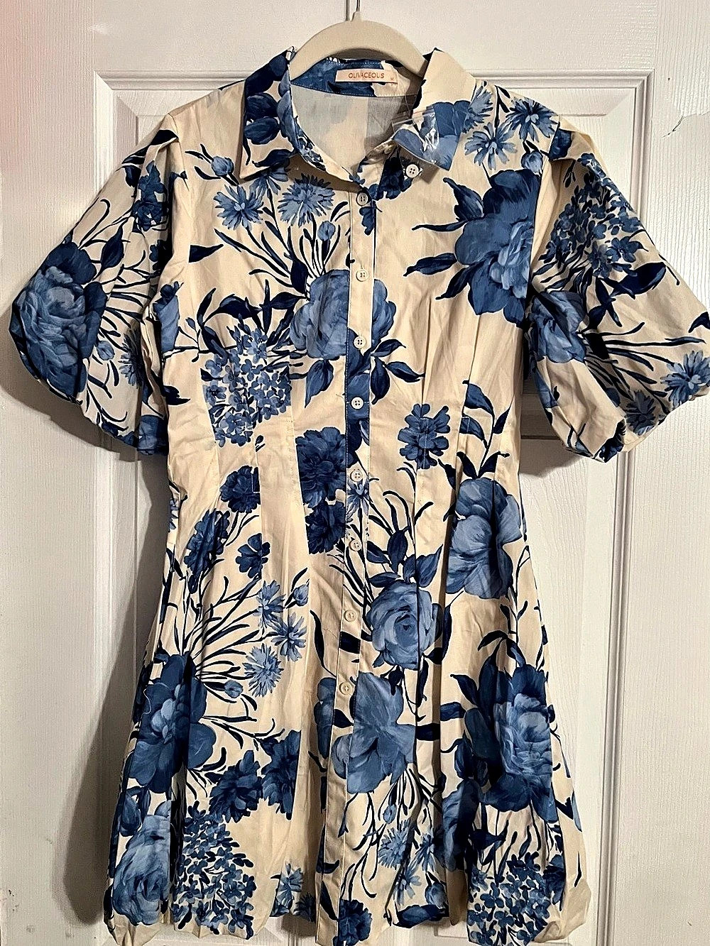 Floral Mini Shirt Dress in Blue & Cream Like New